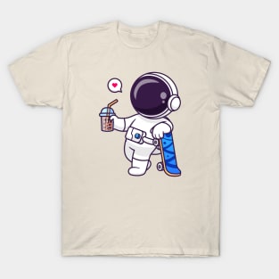 Cute Astronaut Drink Boba Milk Tea With Skateboard Cartoon T-Shirt